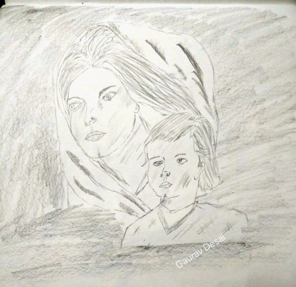 Pencil Sketch Of Mother With Her Child - DesiPainters.com