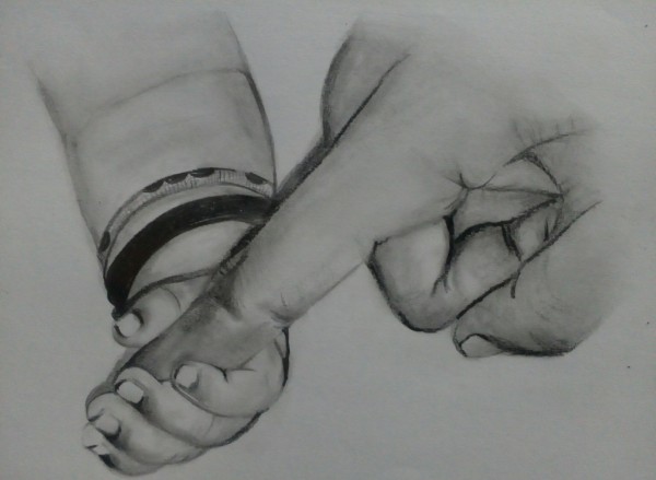 Beautiful Pencil Sketch Of Baby Holding His Mother Finger - DesiPainters.com