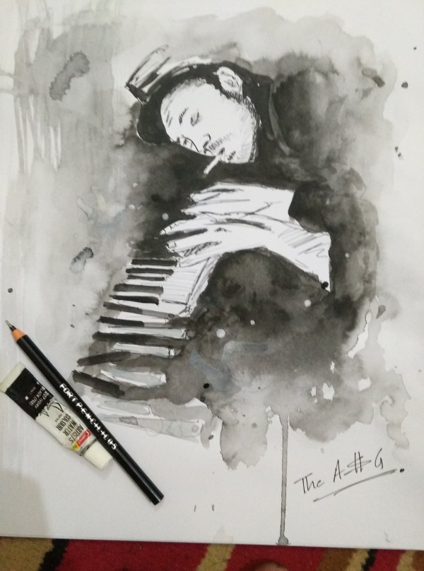 Indian Ink Painting Of A Musician Playing Piano