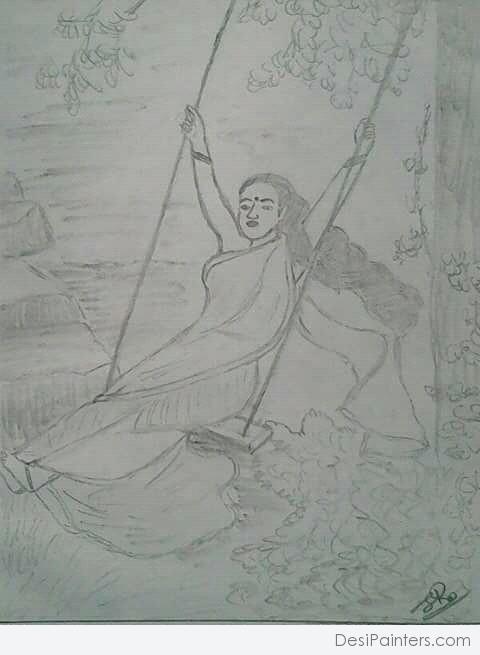 Pencil Sketch Of Woman Doing Swing