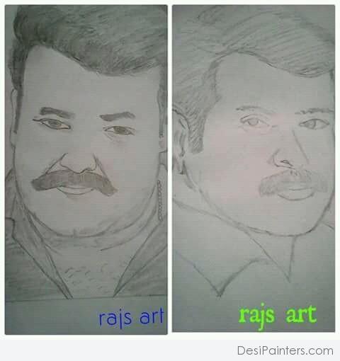Pencil Sketch Of Mohanlal And Mammotty - DesiPainters.com