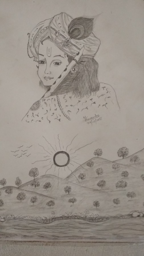 Amazing Pencil Sketch Of Lord Krishna - DesiPainters.com