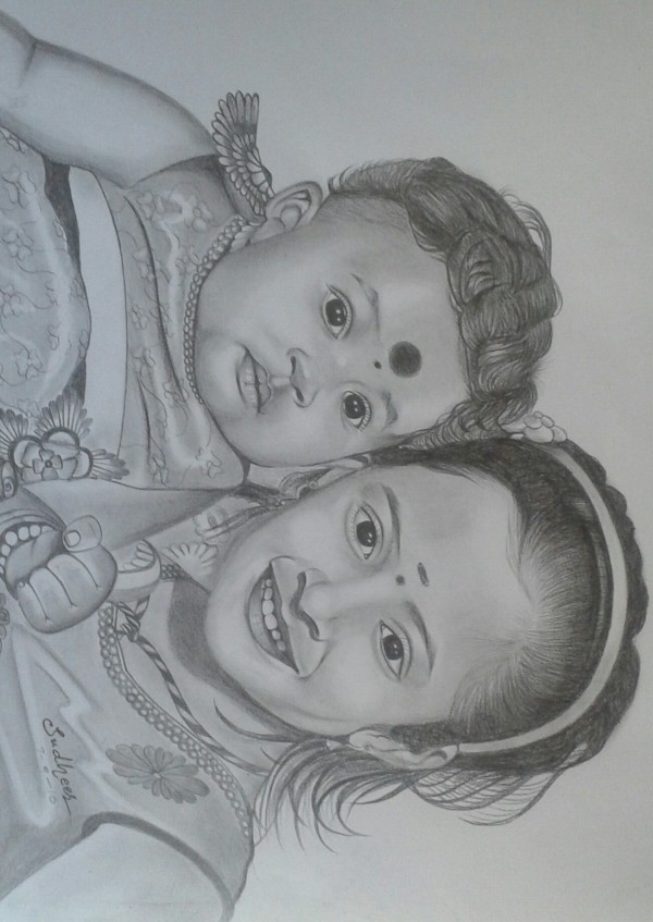 Beautiful Pencil Sketch Of Little Sisters - DesiPainters.com