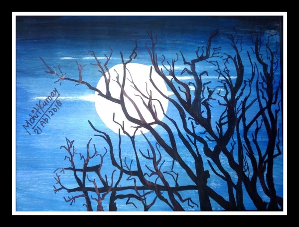 Watercolor Painting Of Midnight Moon - DesiPainters.com