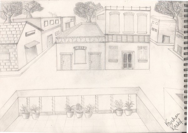Pencil Sketch Of View From Balcony - DesiPainters.com
