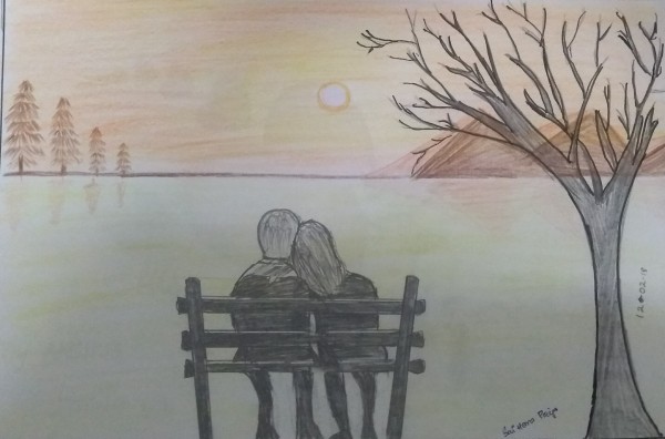 Amazing Pencil Color Of Couple Enjoying Nature - DesiPainters.com