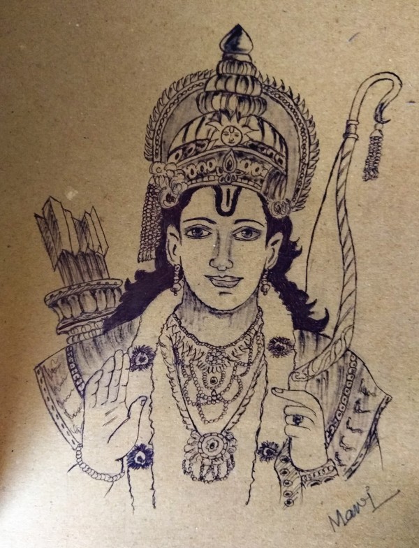 Classic Indian Ink Painting Of Lord Rama