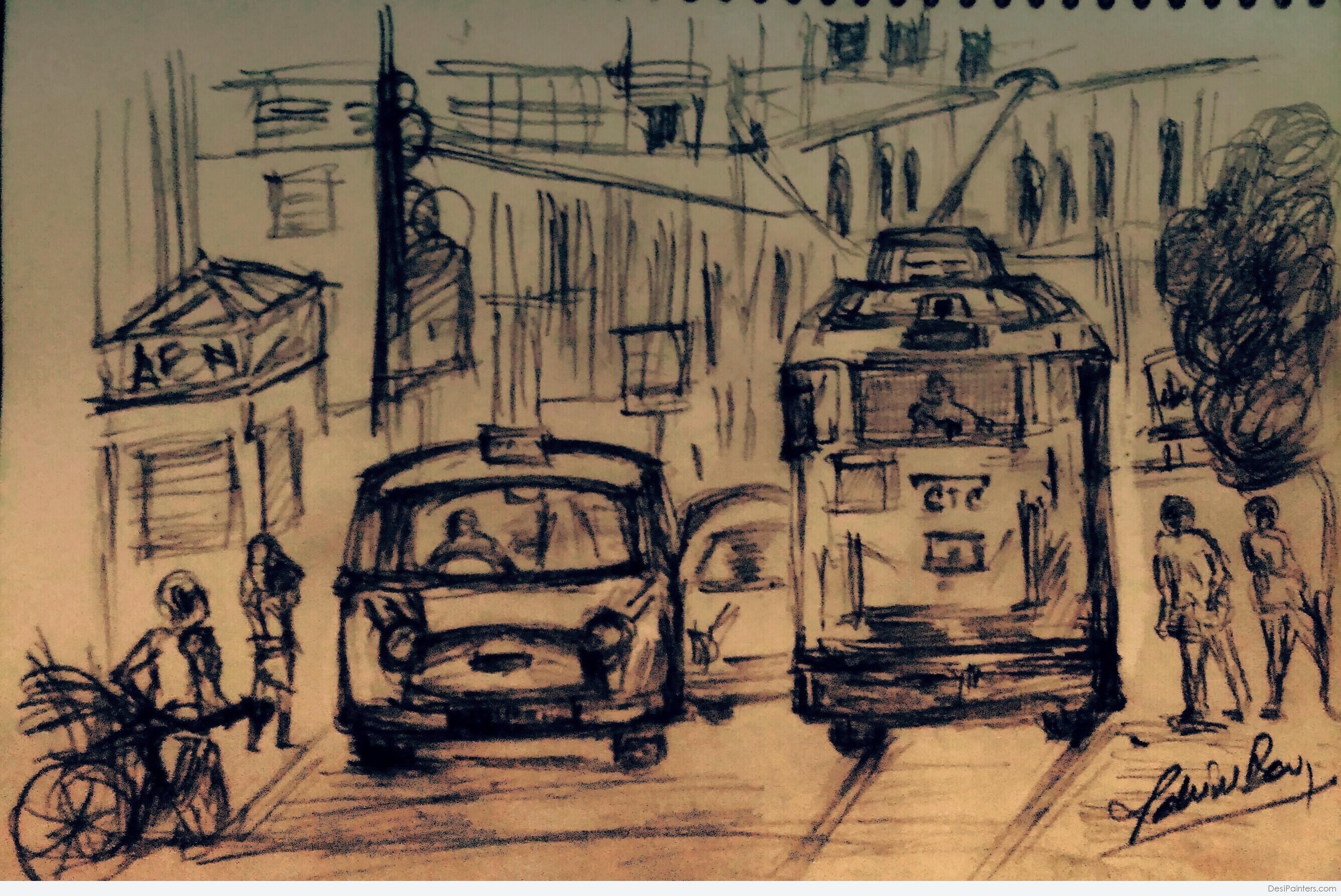 Kolkata Rickshaw puller #1 Ink drawing by Ramesh Jhawar | Artfinder