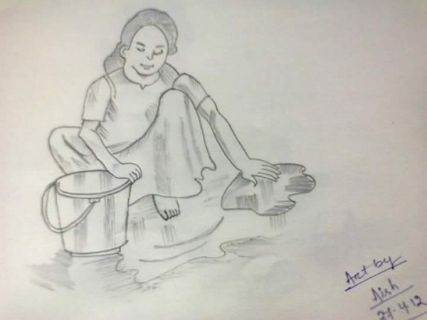 Pencil Sketch Of Lady Cleaning The Floor - DesiPainters.com