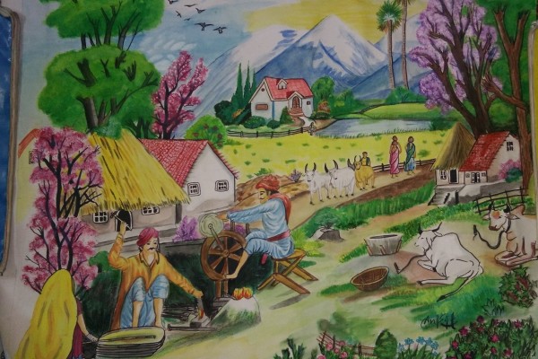 Watercolor Painting Of Indian Village - DesiPainters.com