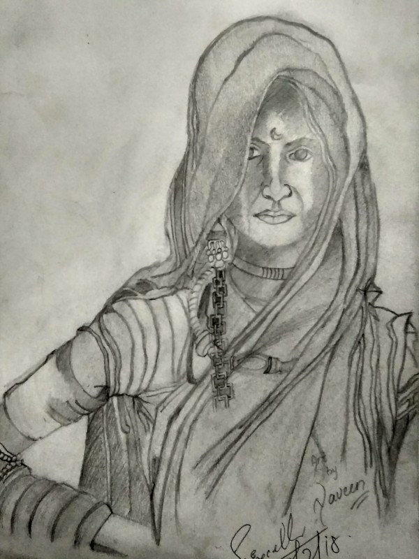 Great Pencil Sketch Of A Beautiful Rajasthani Lady - DesiPainters.com