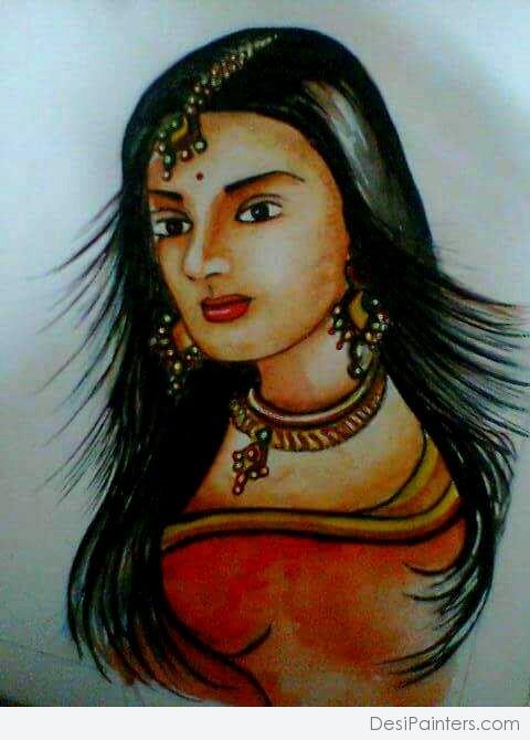 Beautiful Watercolor Painting Of Indian Traditional Girl - DesiPainters.com