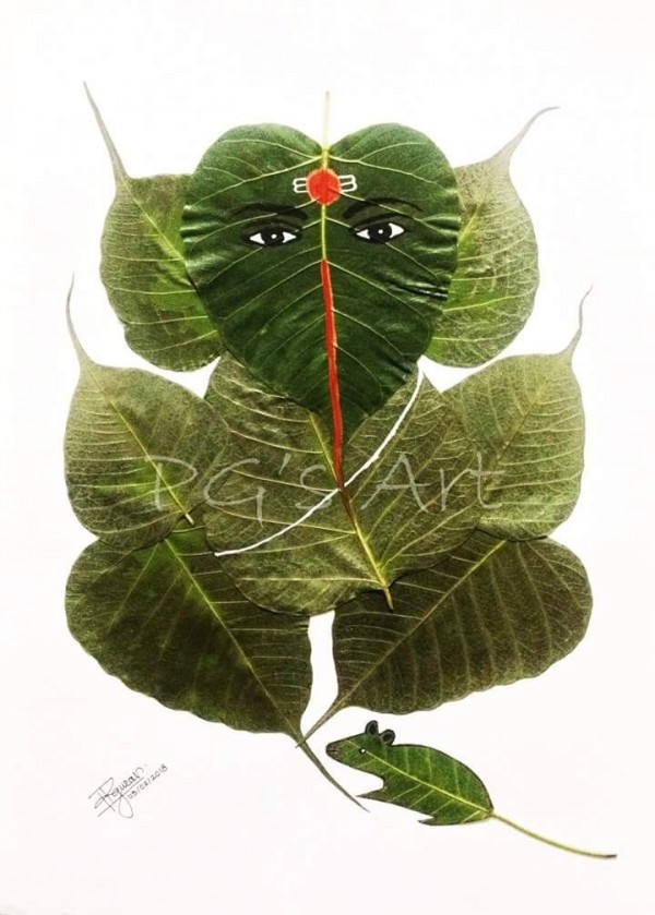 Lord Ganesha With Real Peepal Tree Leafs By Prasad K. Gurav - DesiPainters.com