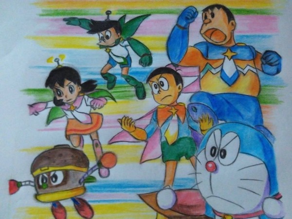 Beautiful Pencil Color Art Of Doremon All Characters