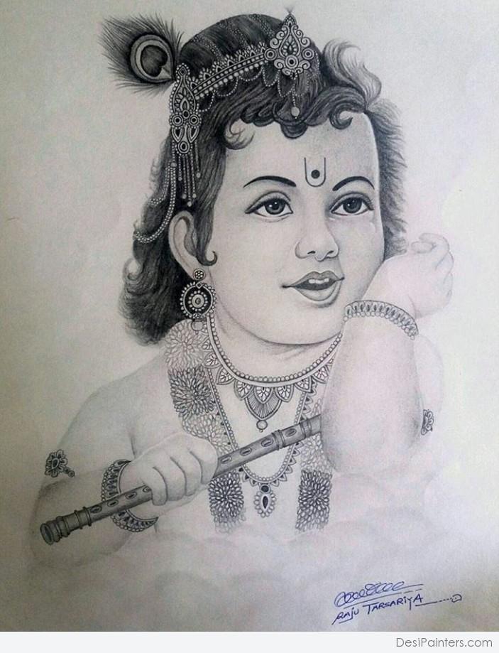 Awesome Pencil Sketch Of Lord Krishna