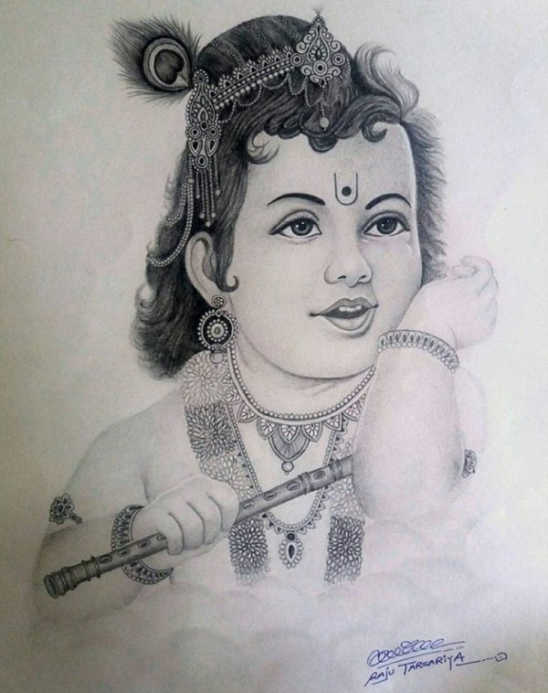 Awesome Pencil Sketch Of Lord Krishna - DesiPainters.com