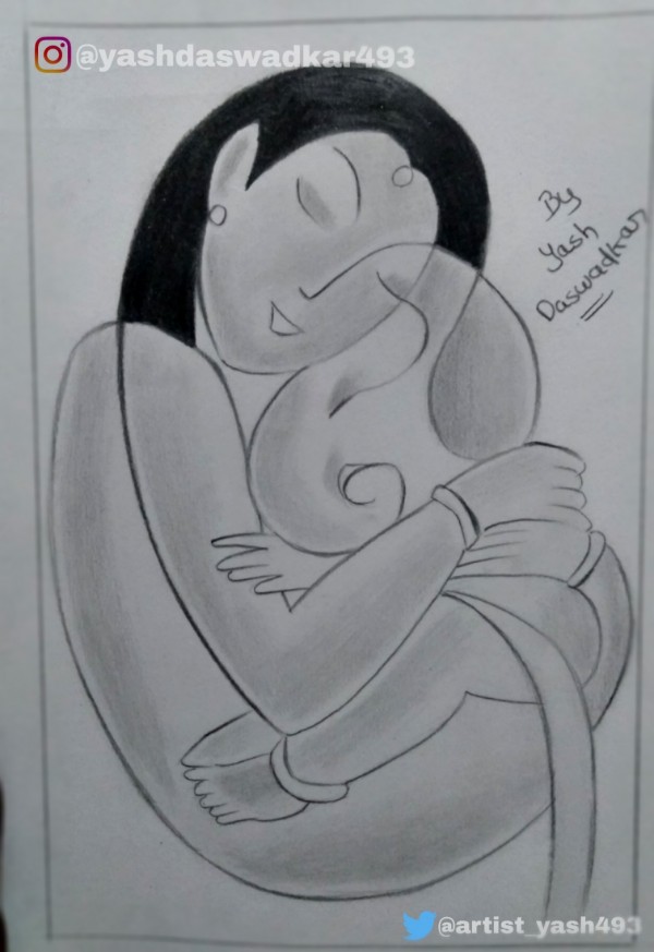 Beautiful Pencil Sketch Of Lord Ganesha With Goddess Parvati - DesiPainters.com