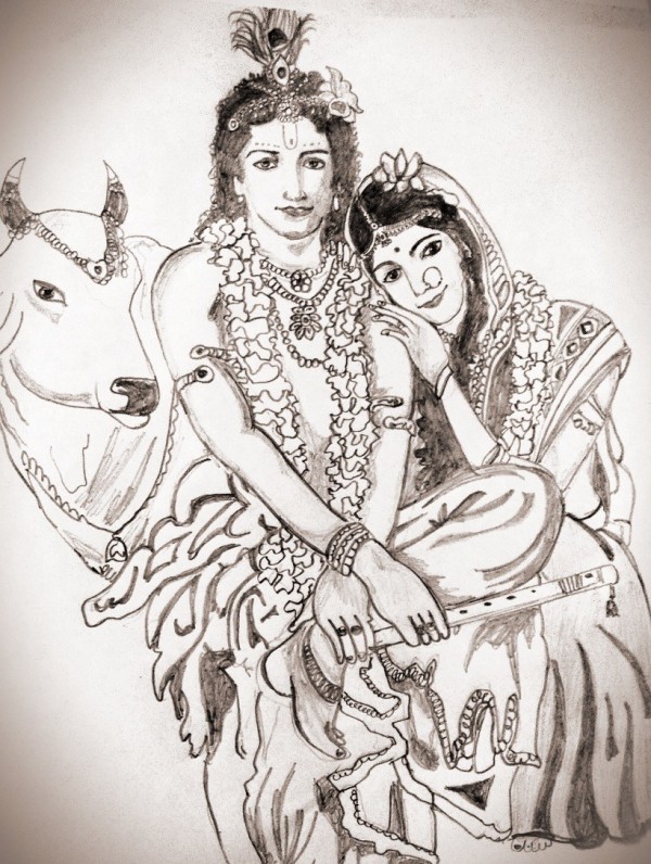 Wonderful Pencil Sketch Of Radha Krishna - DesiPainters.com