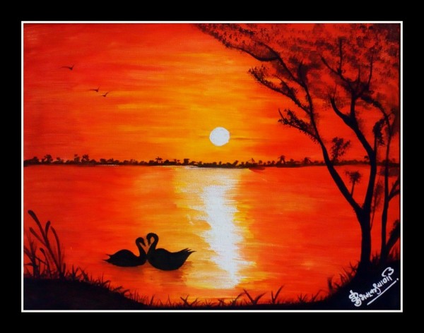 Awesome Watercolor Painting Of Sunset Nature