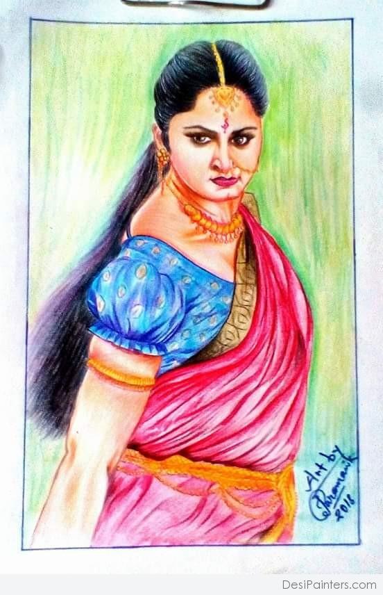 Beautiful Pencil Color Art Of Anushka Shetty As Devsena