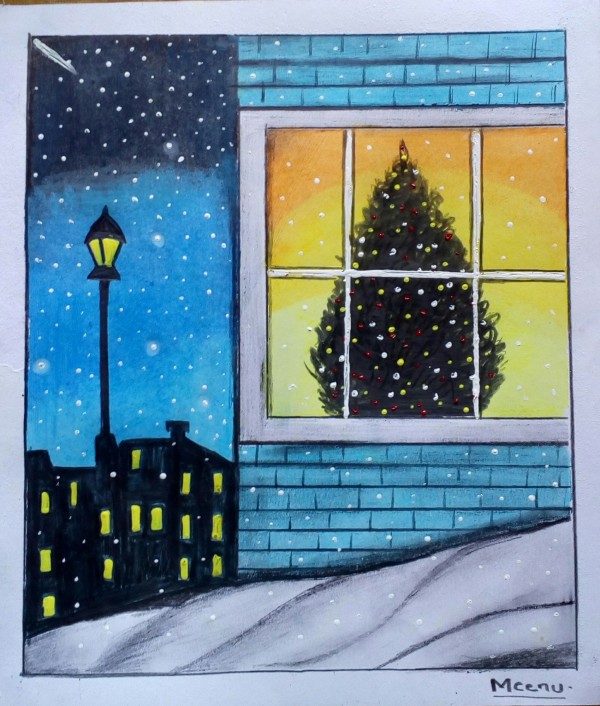 Fantastic Crayon Painting Of Scenery With Christmas Tree - DesiPainters.com