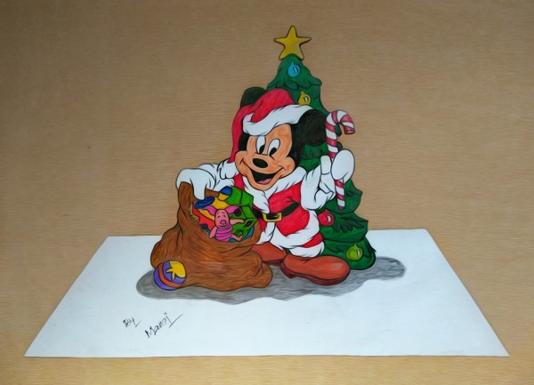 Brilliant Watercolor Painting Of Mickey Celebrating Christmas