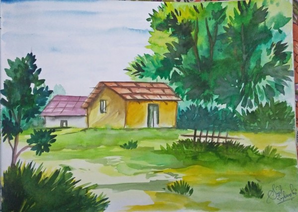 Watercolor Painting Of Little House And Peacefull Place - DesiPainters.com