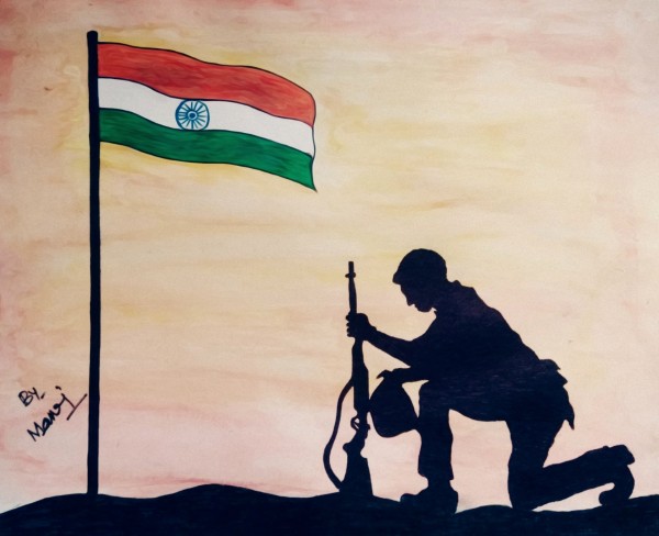 Brilliant Watercolor Painting Of Soldier With Indian Flag