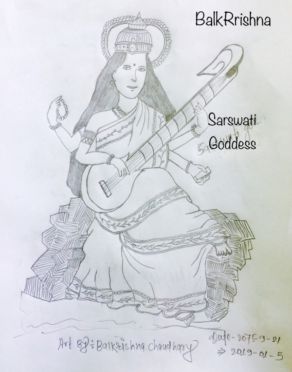 HOW TO DRAW SARASWATI DEVI'S DRAWING WITH STEP BY STEP - YouTube