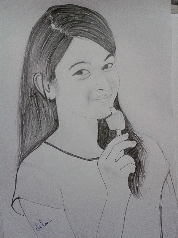 Pencil Sketch Of Cute Girl Holding Ice Cream - DesiPainters.com