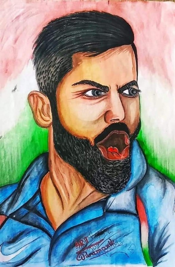 Classic Watercolor Painting Of Virat Kohli - DesiPainters.com