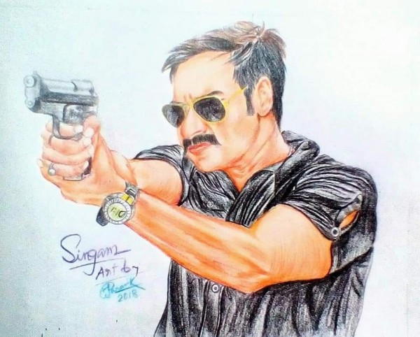 Great Wonderful Pencil Color Art Of Ajay Devgan As Singham - DesiPainters.com