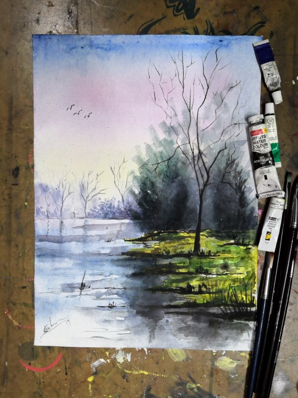 Watercolor Painting Of River Side Scenery - DesiPainters.com