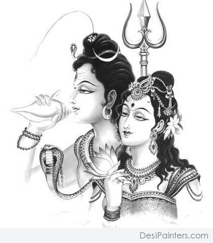 Beautiful Pencil Sketch Of Lord Shiva And Goddess Parvati - DesiPainters.com