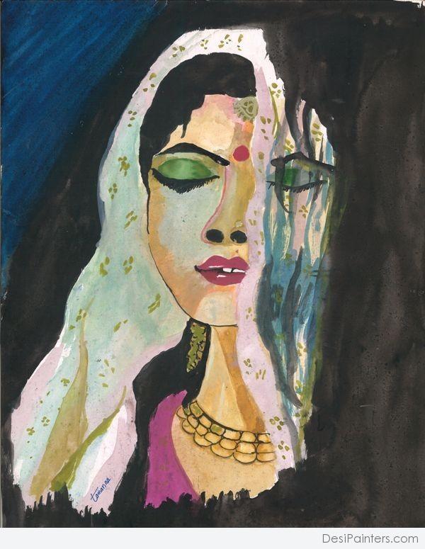 Beautiful Watercolor Painting Of Indian Woman - DesiPainters.com