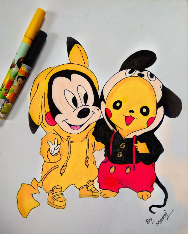 Wonderful Pencil Color Of Mickey And Pikachu - DesiPainters.com