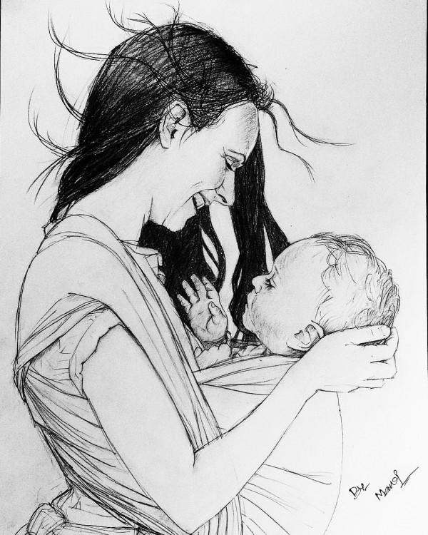 Great Pencil Sketch Of Mother And Her Baby - DesiPainters.com