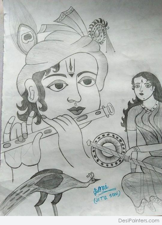 Beautiful Pencil Sketch Of Lord Krishna - DesiPainters.com