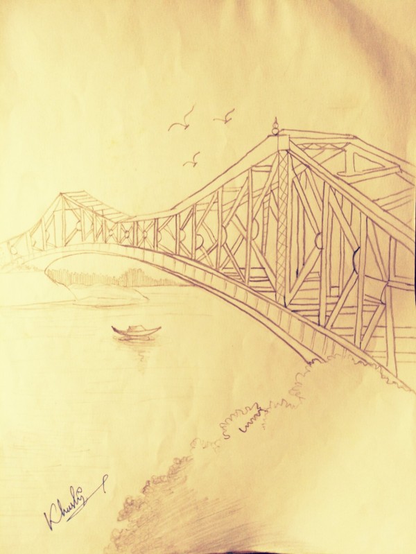 Beautiful Pencil Sketch Of Kolkata Howrah Bridge - DesiPainters.com
