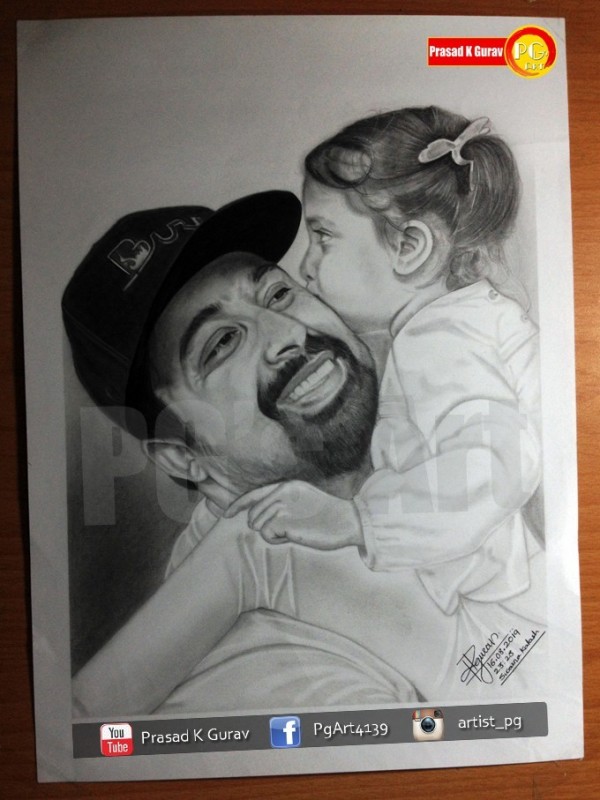Beautiful Pencil Sketch Of Rannvijay Singh Singha With His Daughter - DesiPainters.com