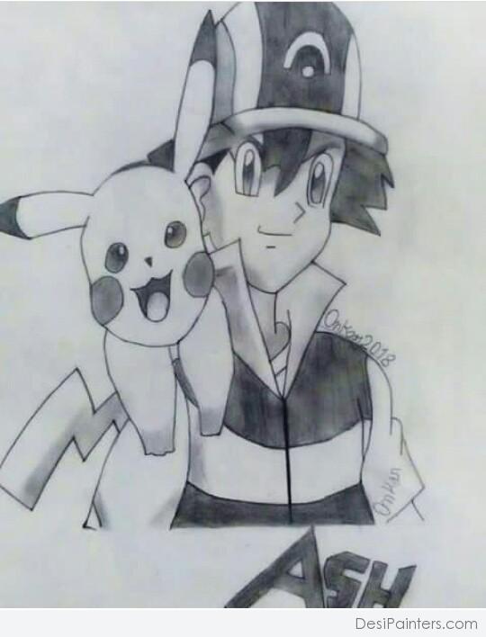 Amazing Pencil Sketch Of Ash With Pikachu - DesiPainters.com