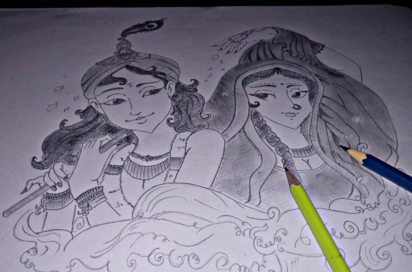 Beautiful Pencil Sketch Of Radha Krishan - DesiPainters.com