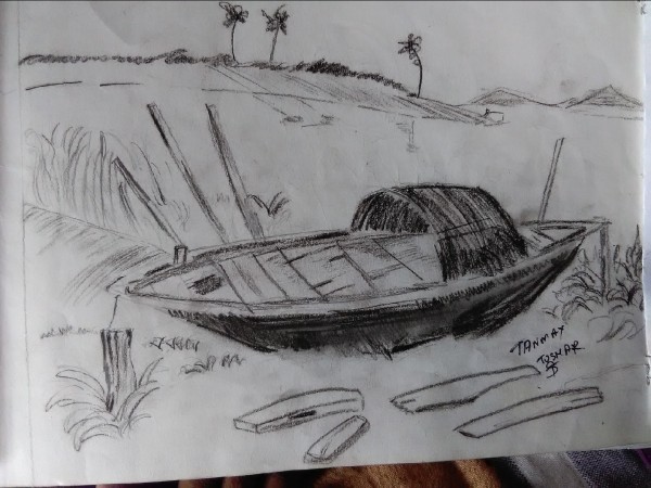 Wonderful Pencil Sketch Of Boat - DesiPainters.com