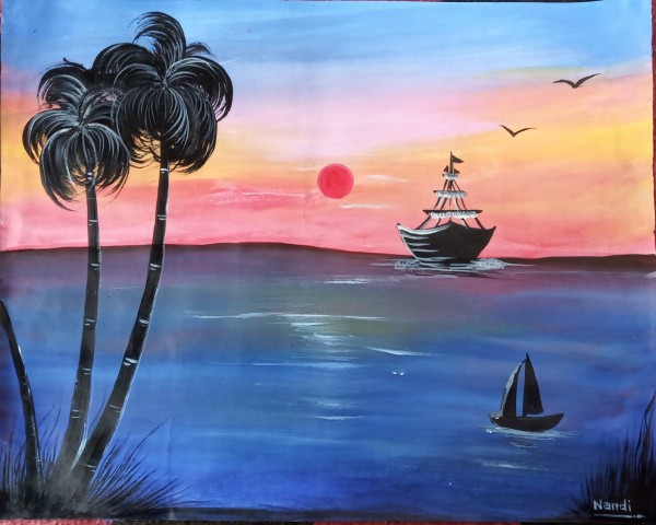 Beautiful Sunset Nature Painting Art By Nandighosh Bhoi - DesiPainters.com