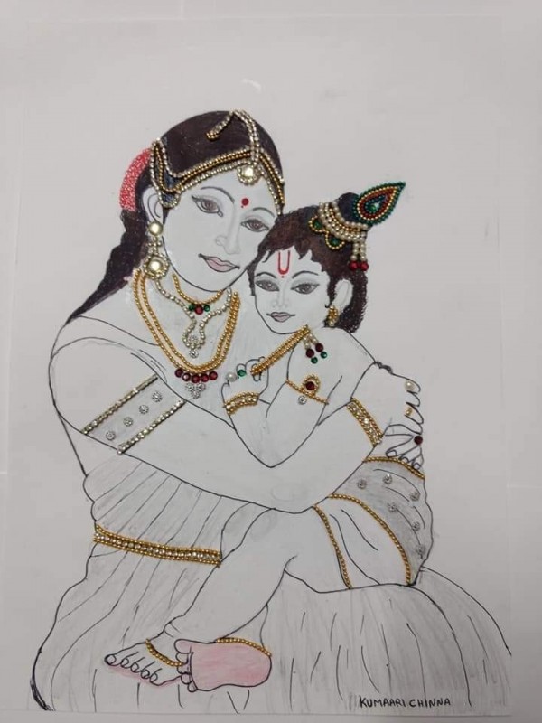 Amazing Pencil Sketch Of Lord Krishna With Maa Yashoda - DesiPainters.com