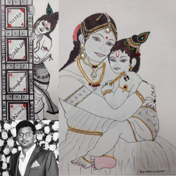 Amazing Pencil Sketch Of Lord Krishna With Maa Yashoda - DesiPainters.com