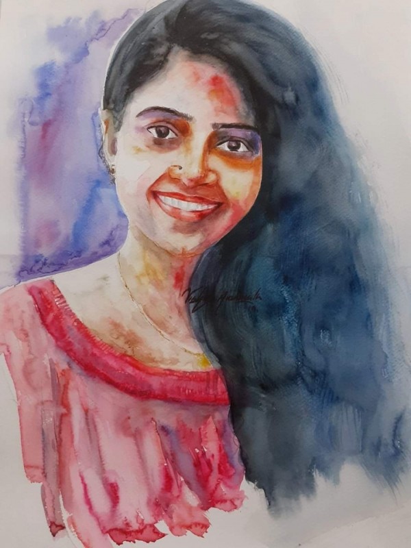 Beautiful Watercolor Portrait Of Cute Kerala Girl - DesiPainters.com
