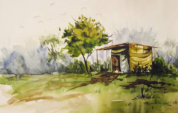 Awesome Watercolor Painting Of Village - DesiPainters.com