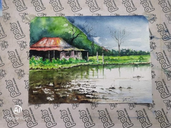 Watercolor Painting Of Village Scenery - DesiPainters.com