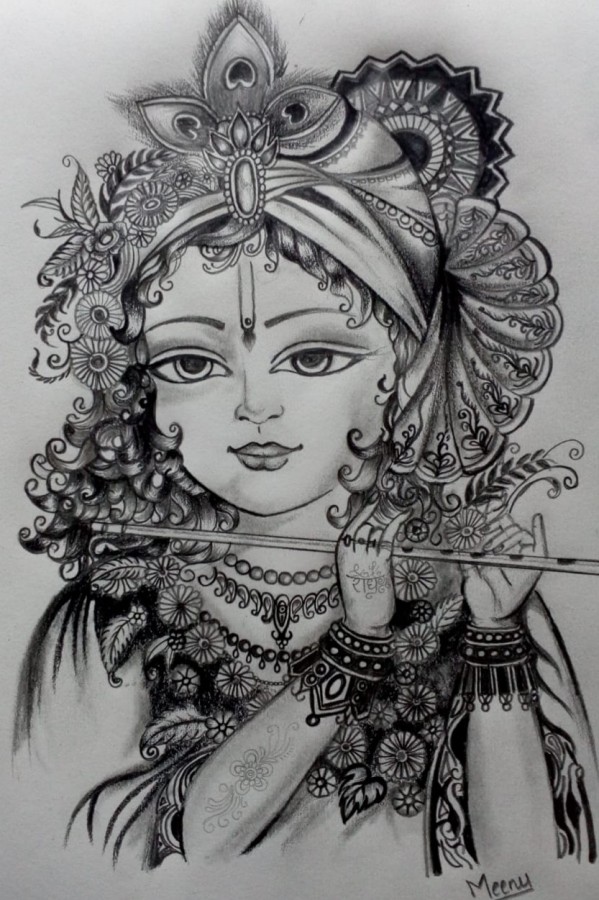 Classic Pencil Sketch Of Lord Krishna - DesiPainters.com